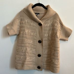 Talbots Chunky Cable Knit Short Sleeve Cardigan, Shawl Collar, Camel Size Small